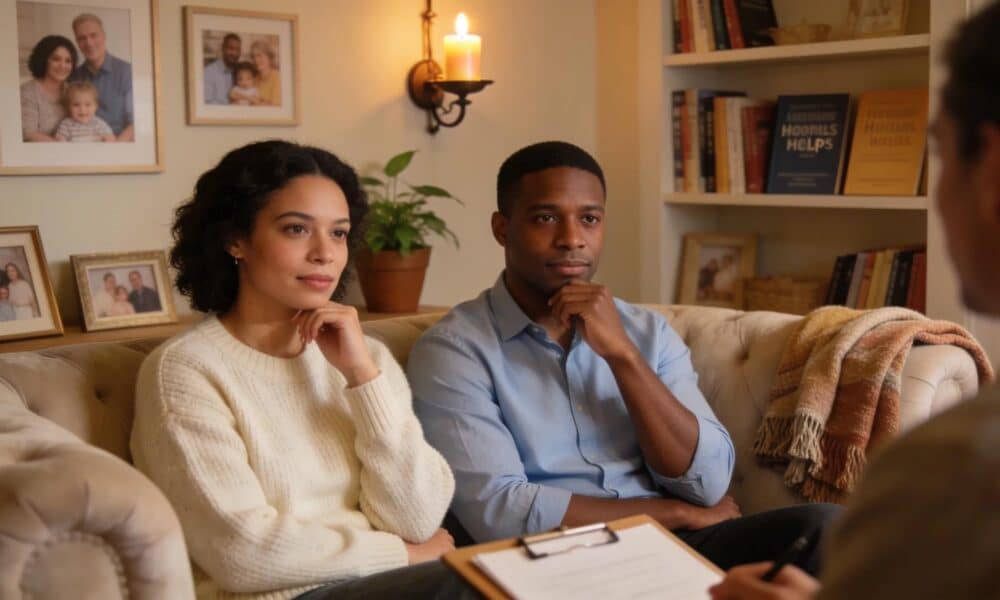 Couples therapy session with a diverse couple engaged in deep conversation