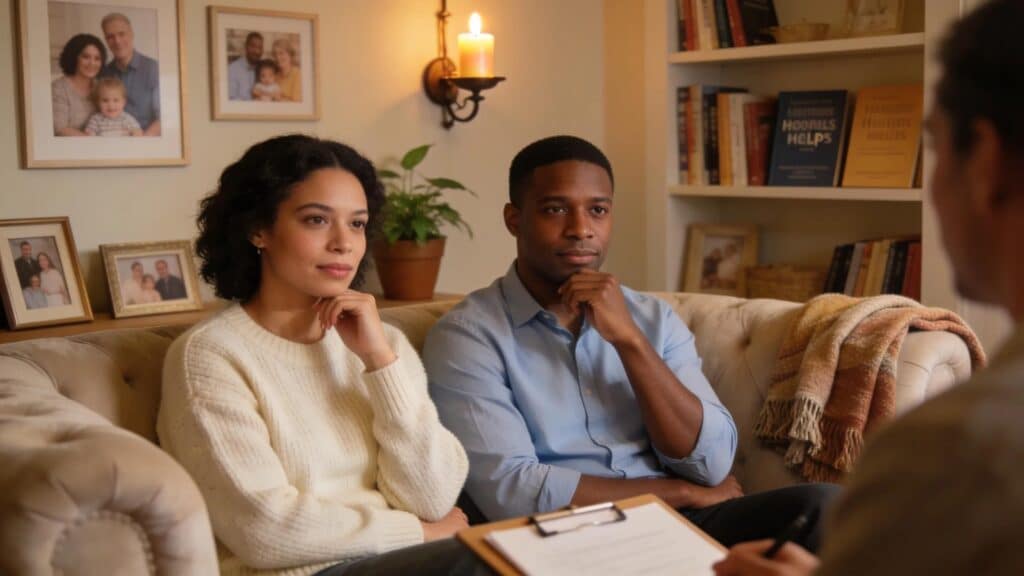 Couples therapy session with a diverse couple engaged in deep conversation