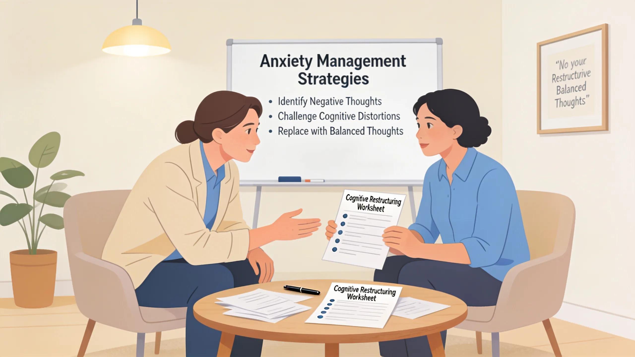 Therapist and client engaged in Cognitive Behavioral Therapy session focusing on cognitive restructuring techniques
