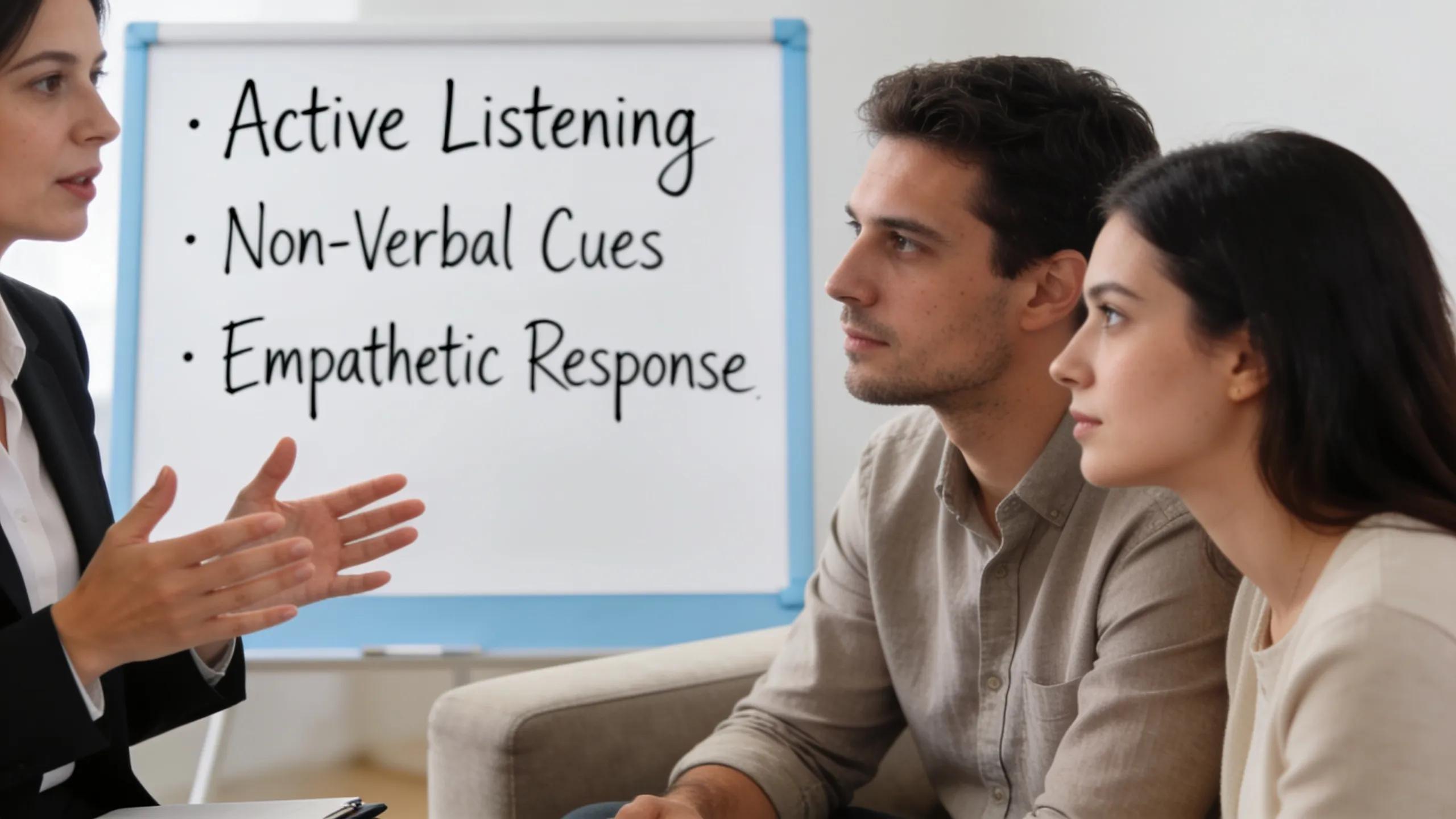 Therapist demonstrating communication techniques to a couple in a counseling session