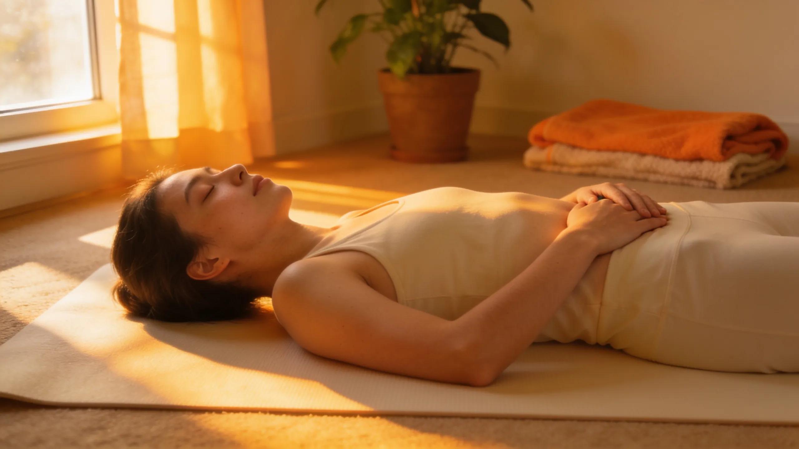 Individual practicing body scan meditation in a tranquil setting promoting mindfulness and relaxation