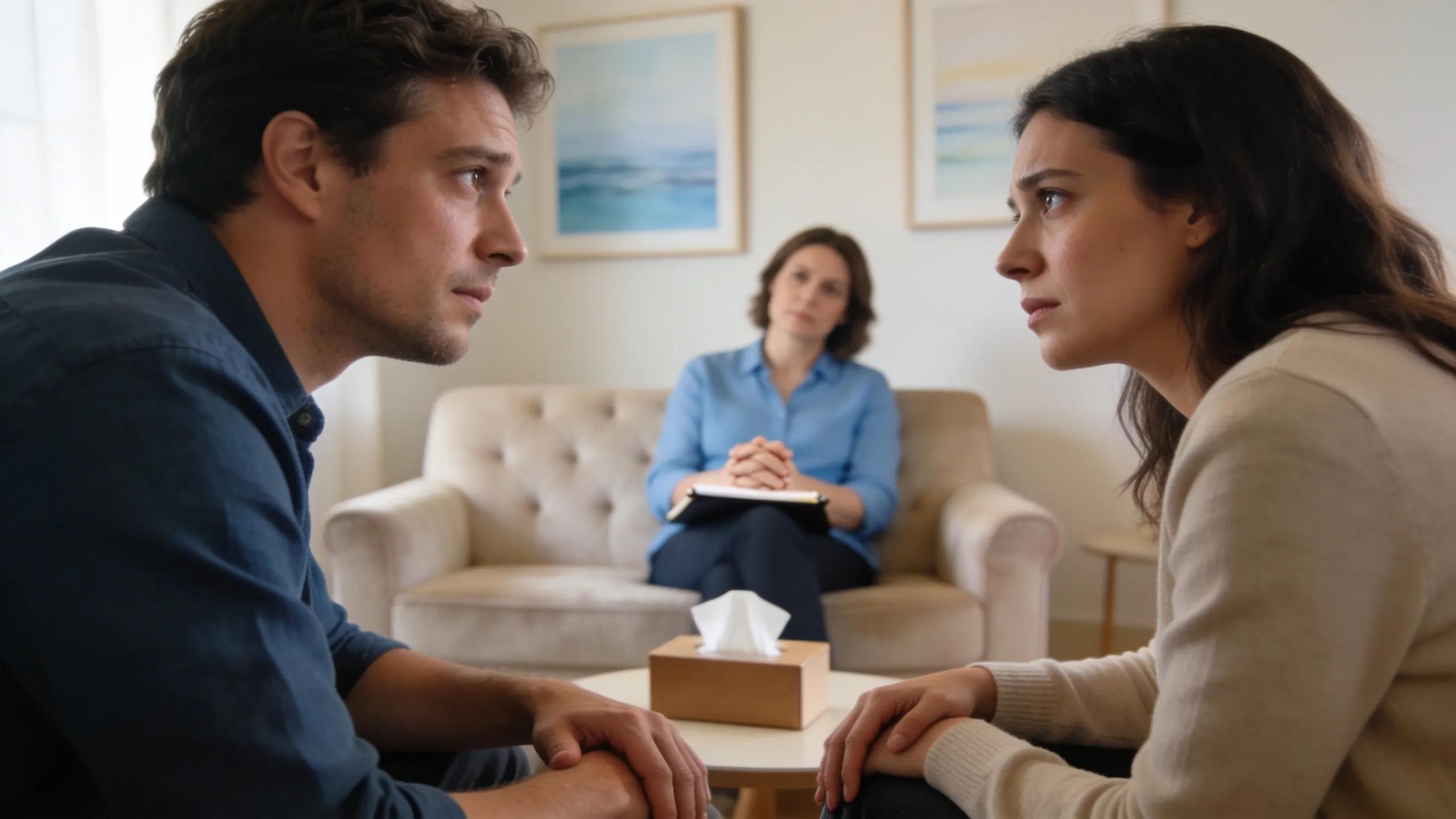 Couple practicing active listening in therapy, demonstrating effective communication techniques