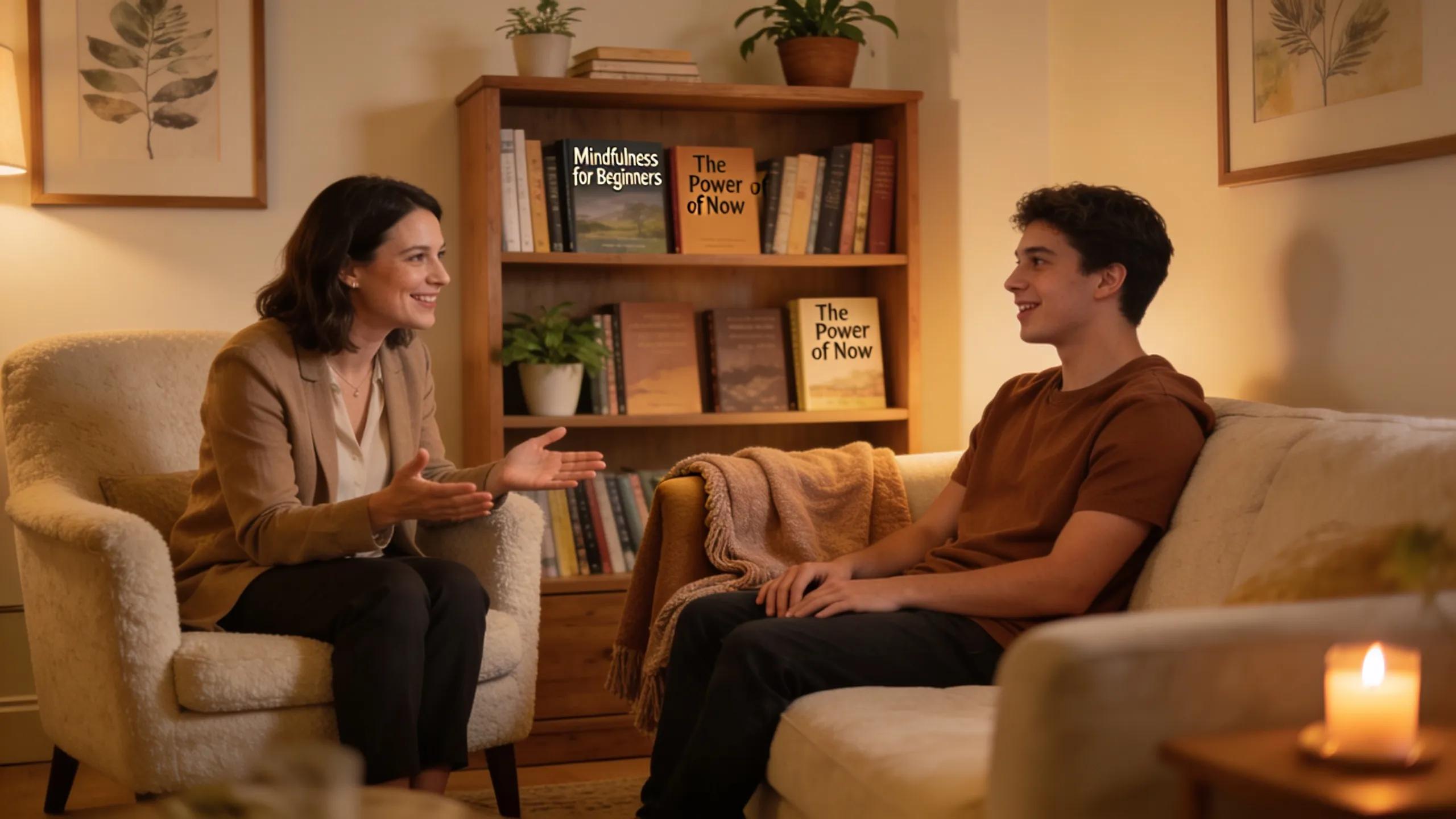 Therapist engaged in a supportive session with a young adult in a warm therapy room, promoting mindfulness techniques.