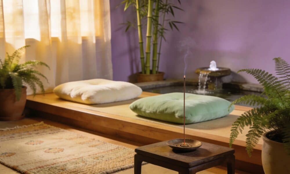 Mindfulness meditation setup with cushions and nature elements enhancing relaxation and stress relief