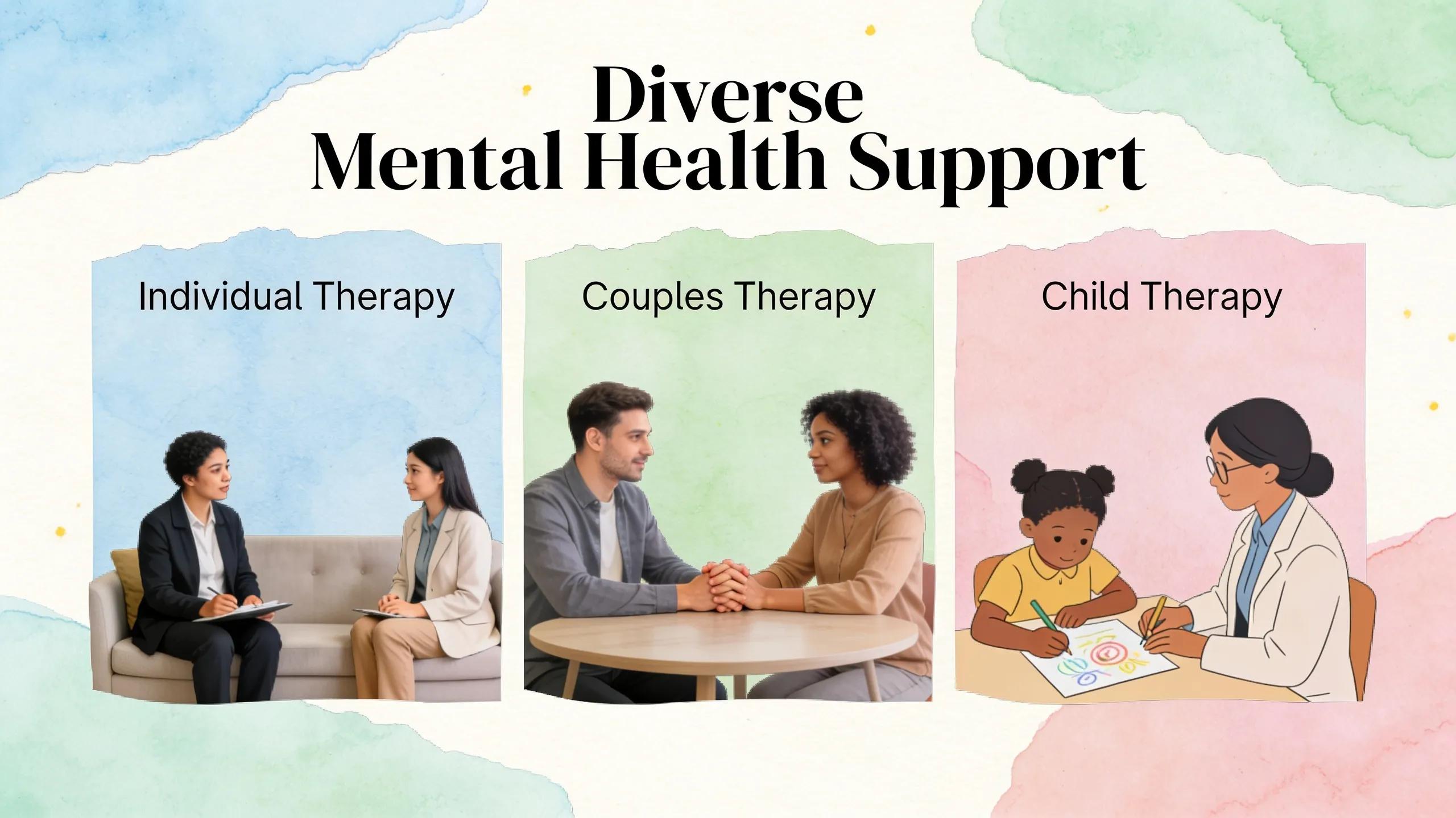 Collage of therapy sessions showing individual, couples, and child therapy, highlighting diverse mental health support