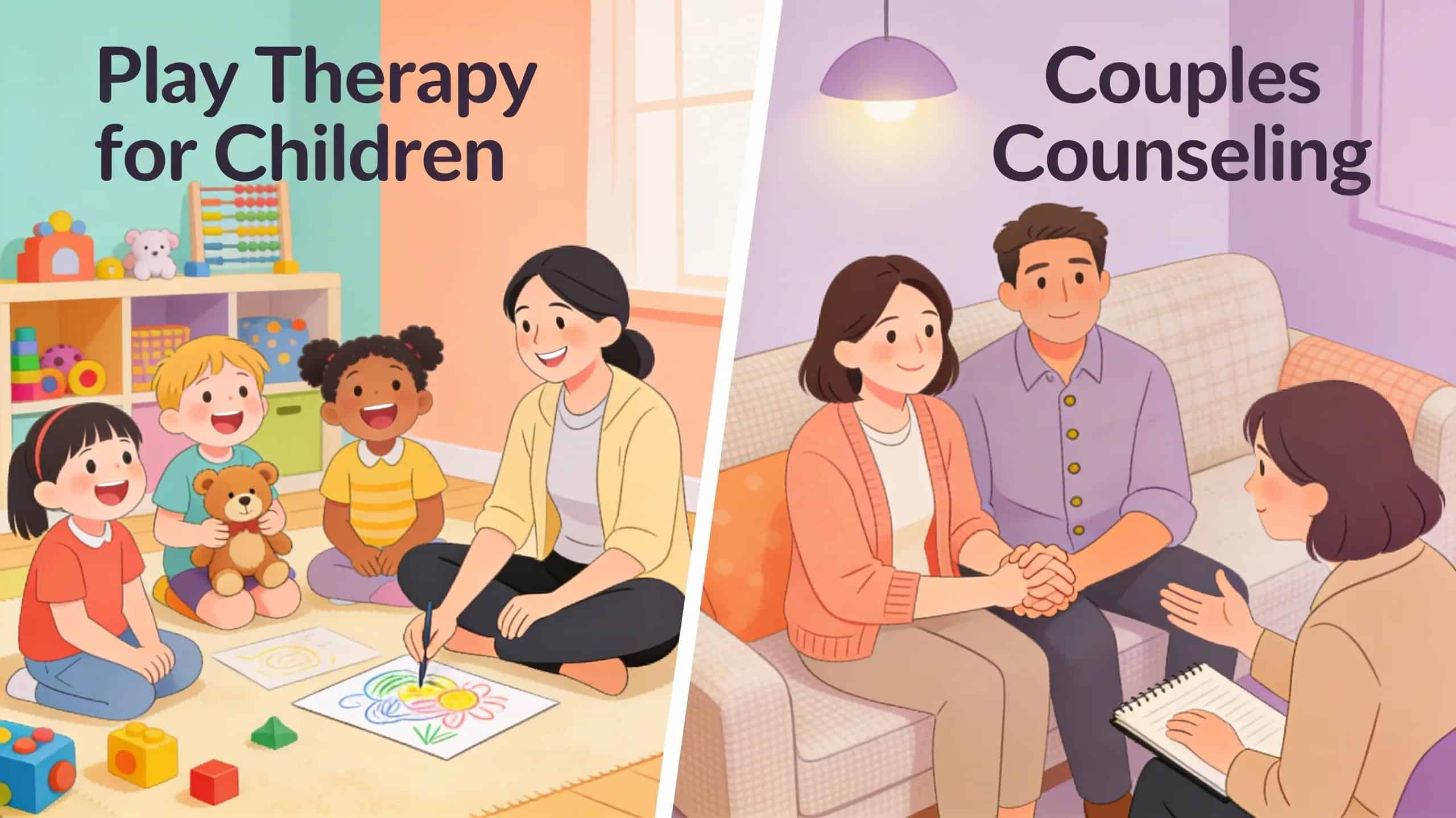 Children participating in play therapy and a couple in a counseling session focused on social anxiety.