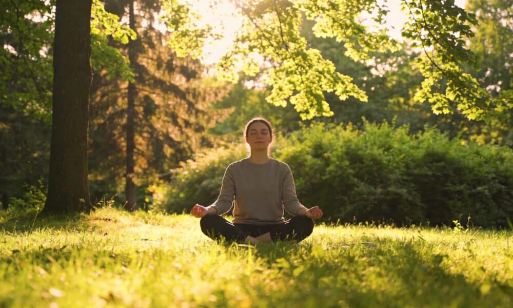 Mindfulness practice in nature, emphasizing relaxation and tranquility