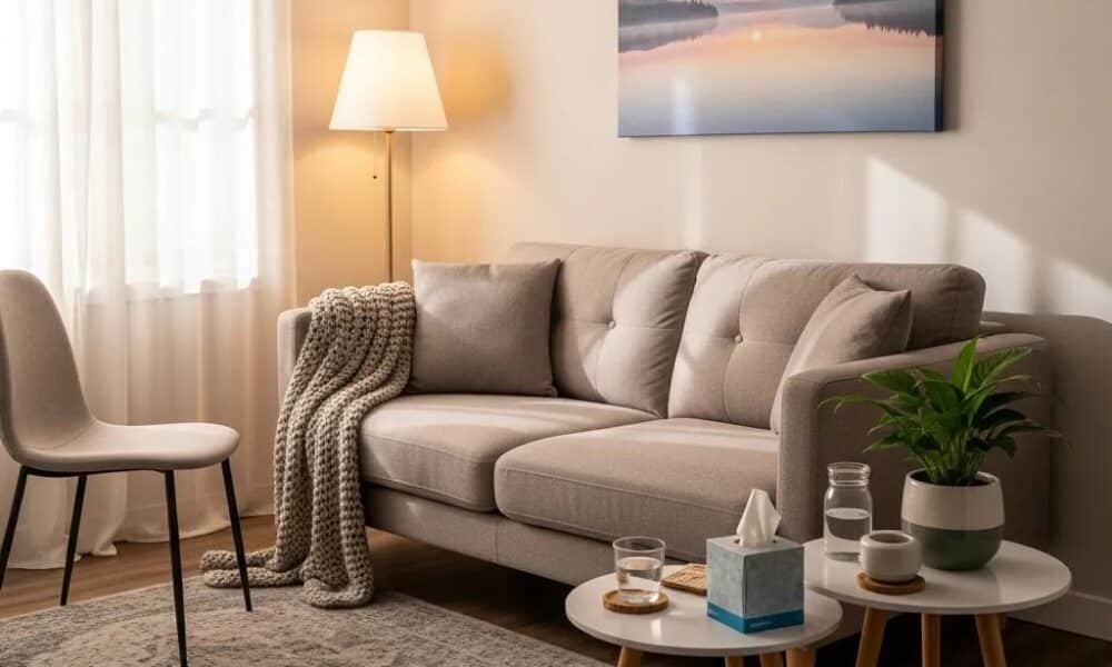 Comfortable therapy room symbolizing supportive grief counseling