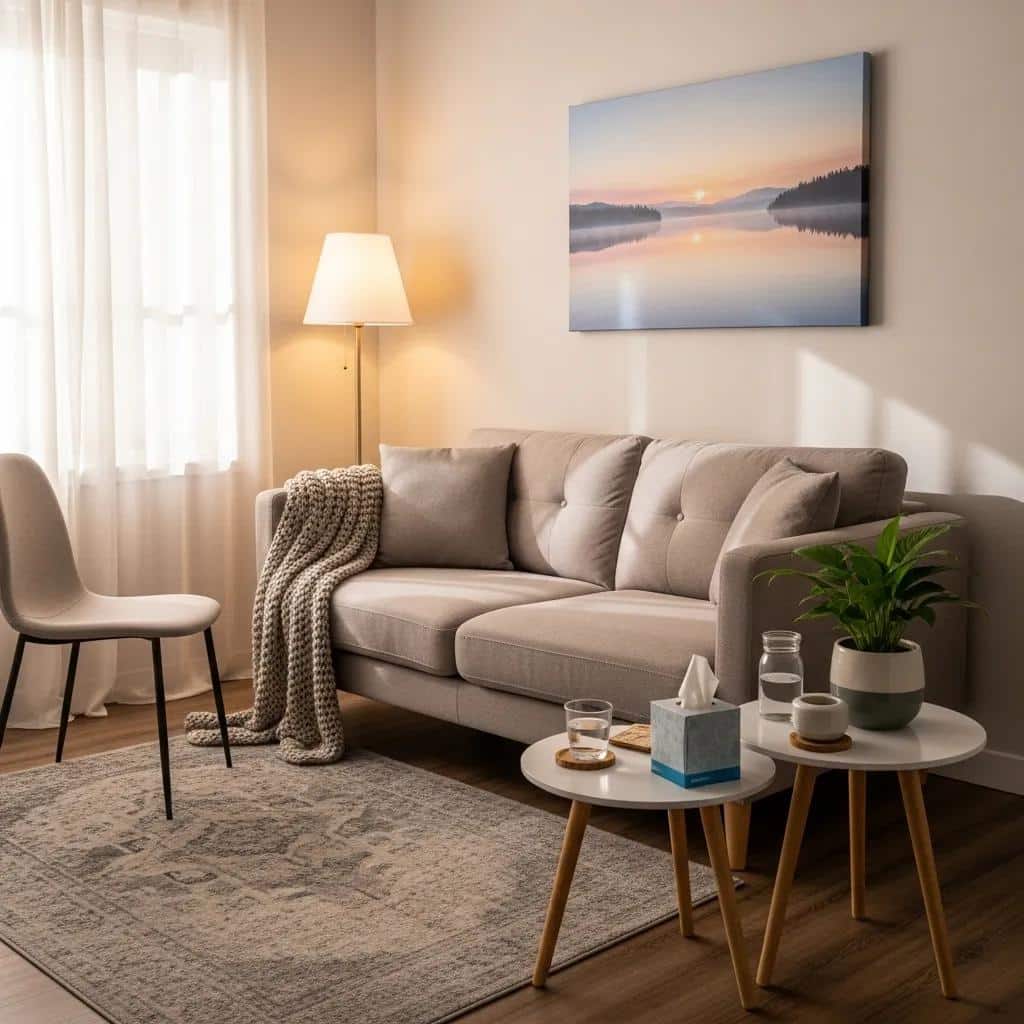 Comfortable therapy room symbolizing supportive grief counseling