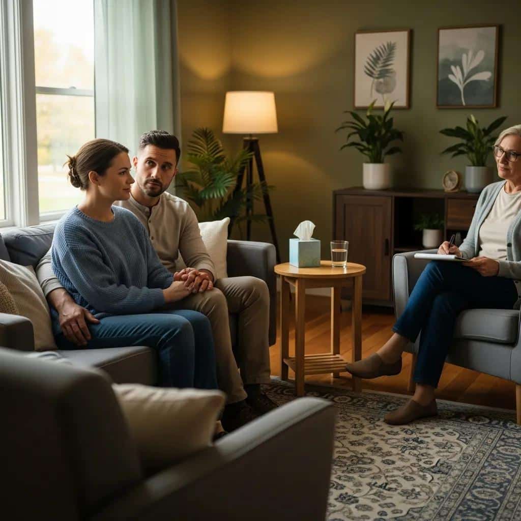 Couple in a therapy session discussing grief and healing