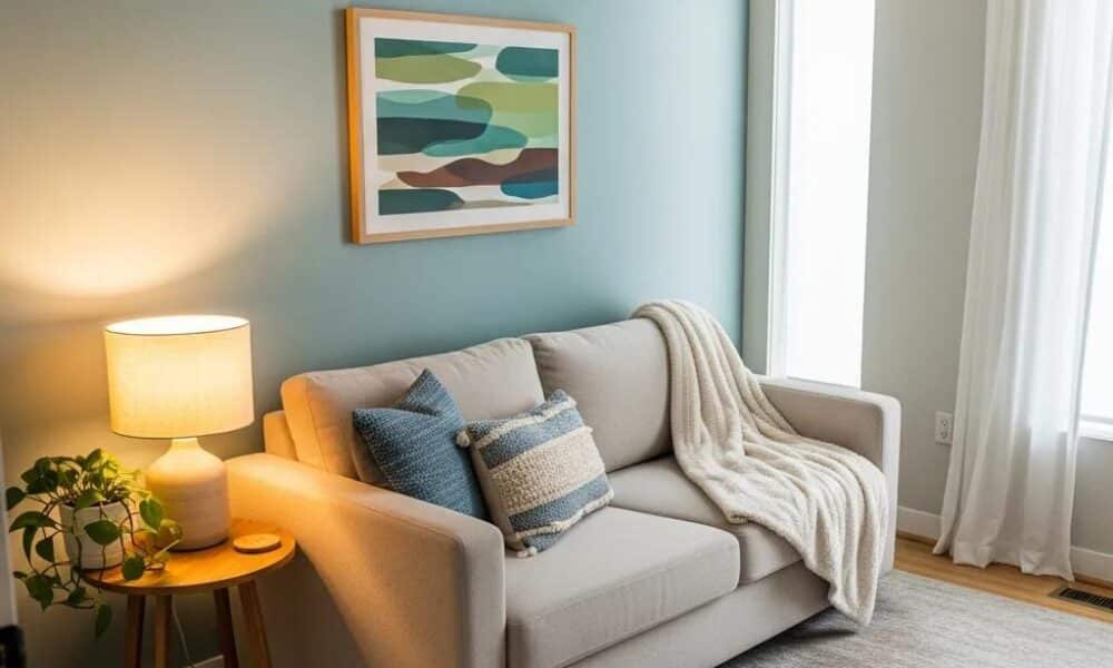 Cozy therapy office with comfortable seating and calming decor, representing mental health support