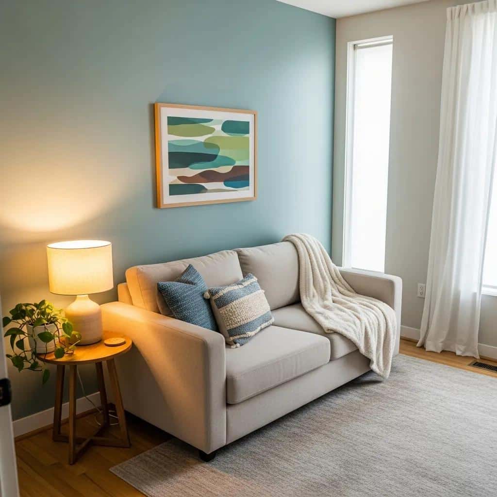 Cozy therapy office with comfortable seating and calming decor, representing mental health support