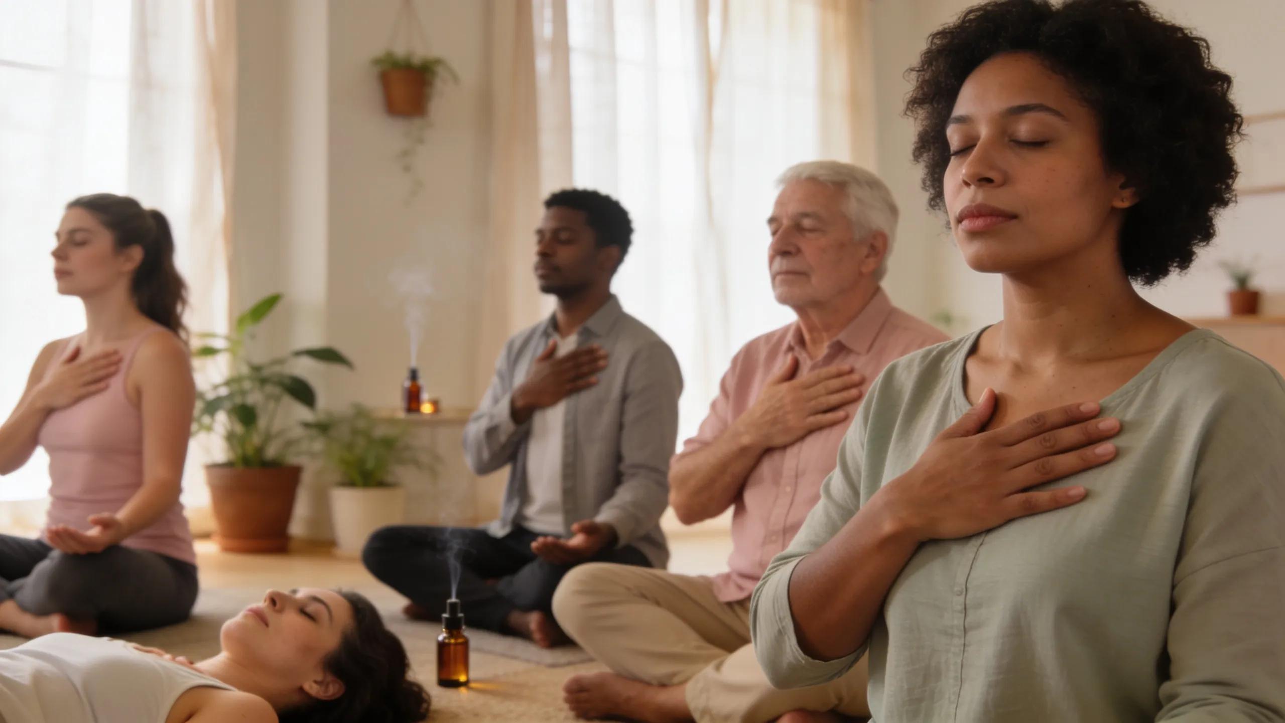 Group practicing deep breathing exercises in a serene indoor setting