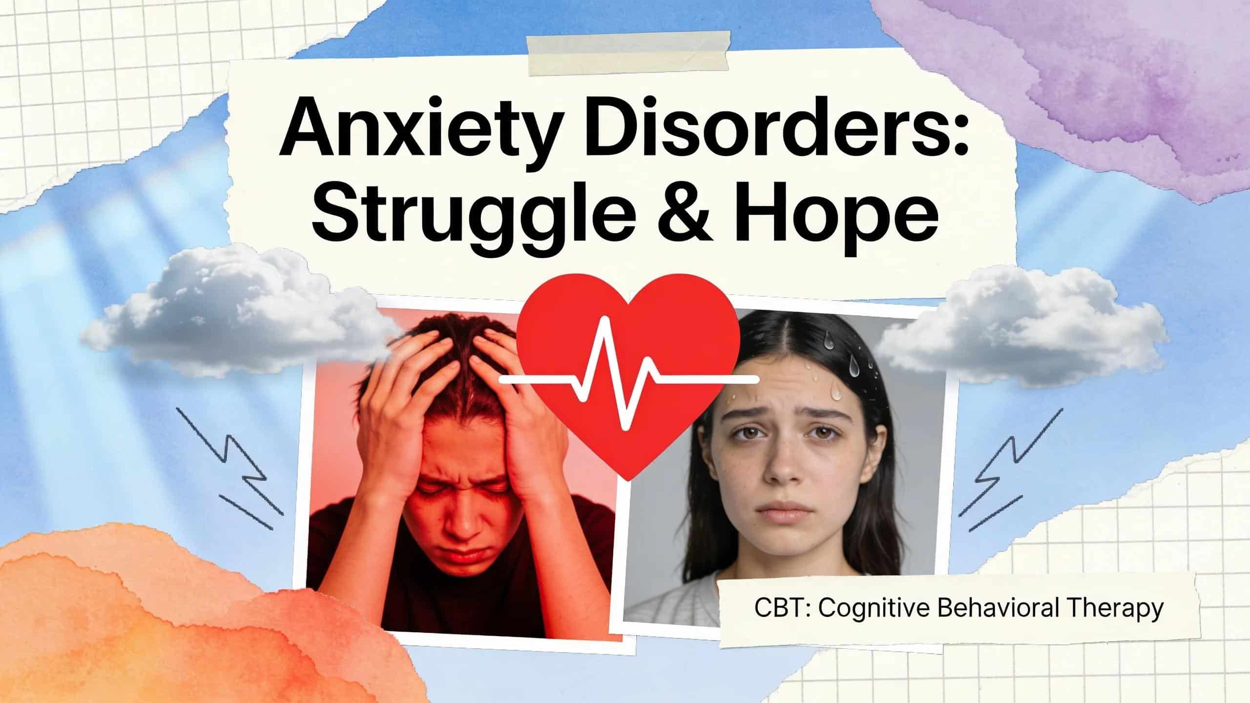 Illustration of key symptoms of anxiety disorders including physical signs like sweating and emotional distress