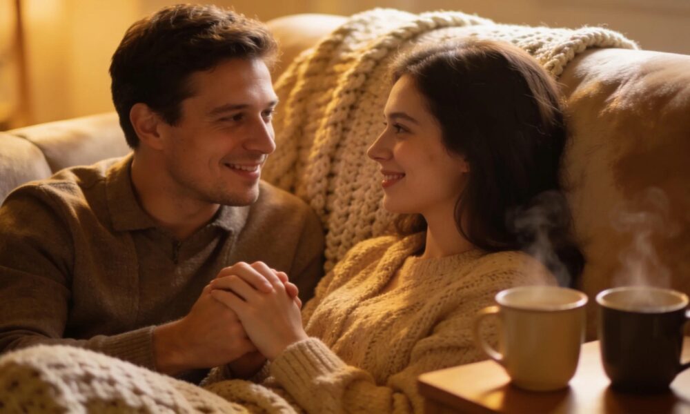Couple in a cozy setting engaged in effective communication, representing couples therapy themes