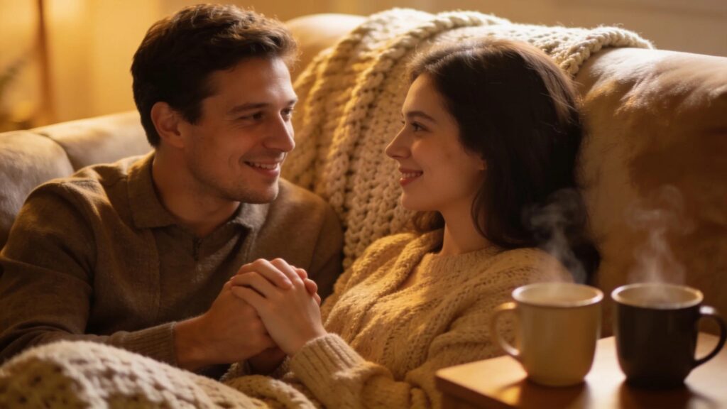 Couple in a cozy setting engaged in effective communication, representing couples therapy themes