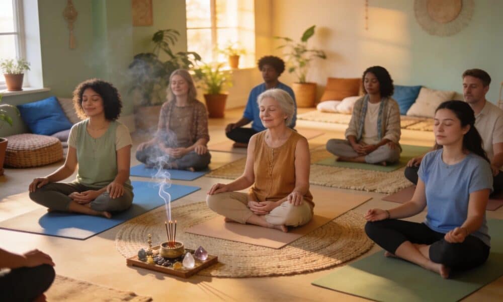 Engaging mindfulness meditation session in a tranquil yoga studio, reflecting the calming essence of mindfulness-based stress reduction.
