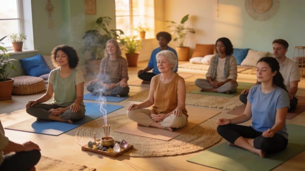 Engaging mindfulness meditation session in a tranquil yoga studio, reflecting the calming essence of mindfulness-based stress reduction.