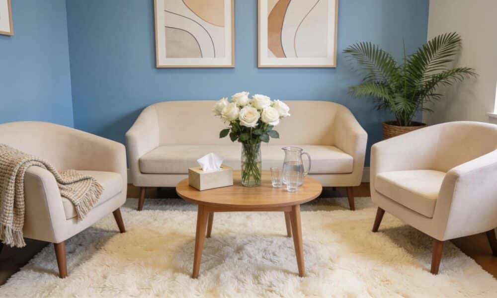 Therapist's office designed for Gottman Method Couples Therapy, showcasing a warm and inviting atmosphere