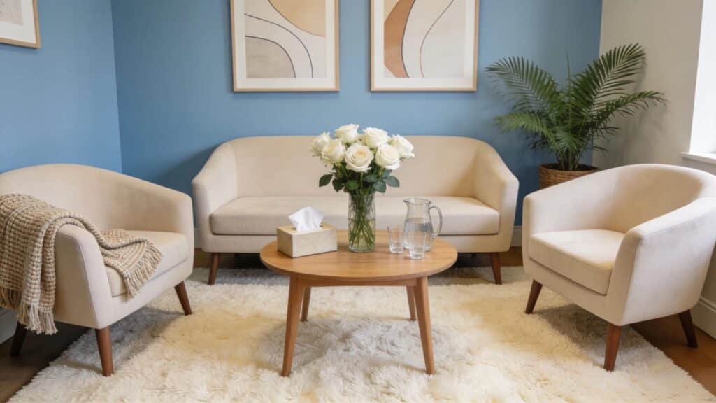 Therapist's office designed for Gottman Method Couples Therapy, showcasing a warm and inviting atmosphere