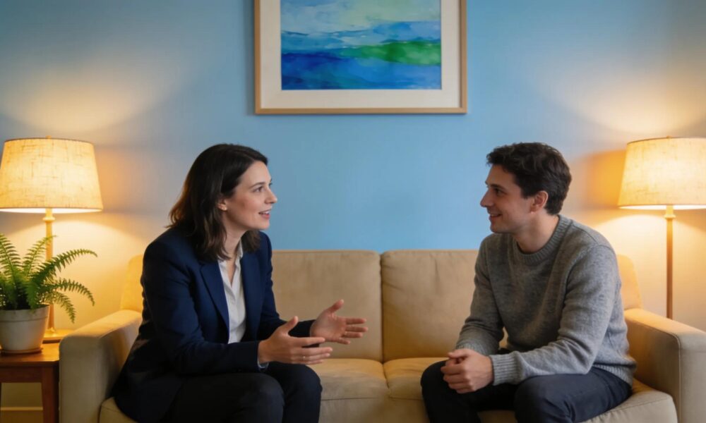 Therapist and client in a warm therapy room discussing social anxiety treatment options.