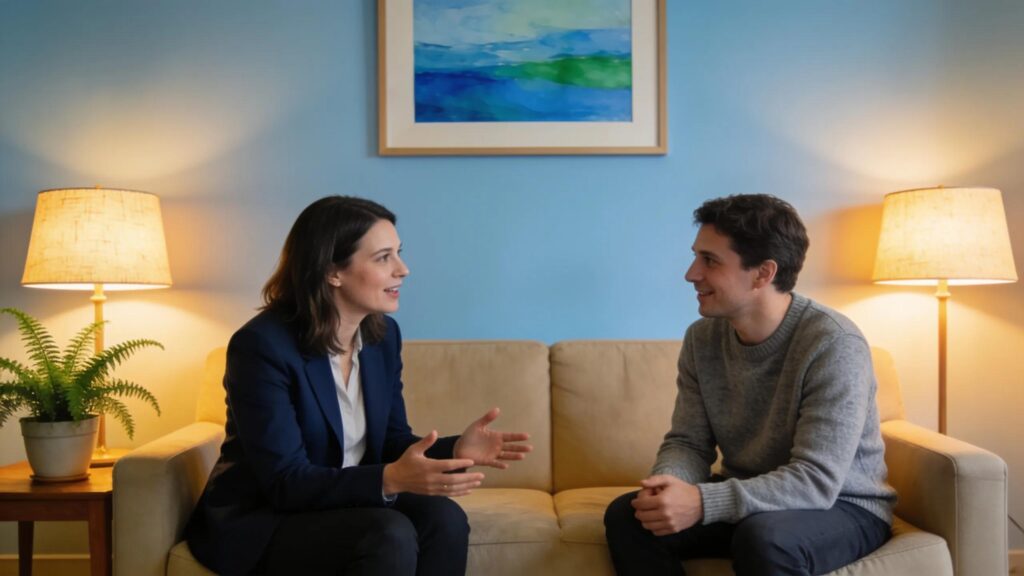 Therapist and client in a warm therapy room discussing social anxiety treatment options.