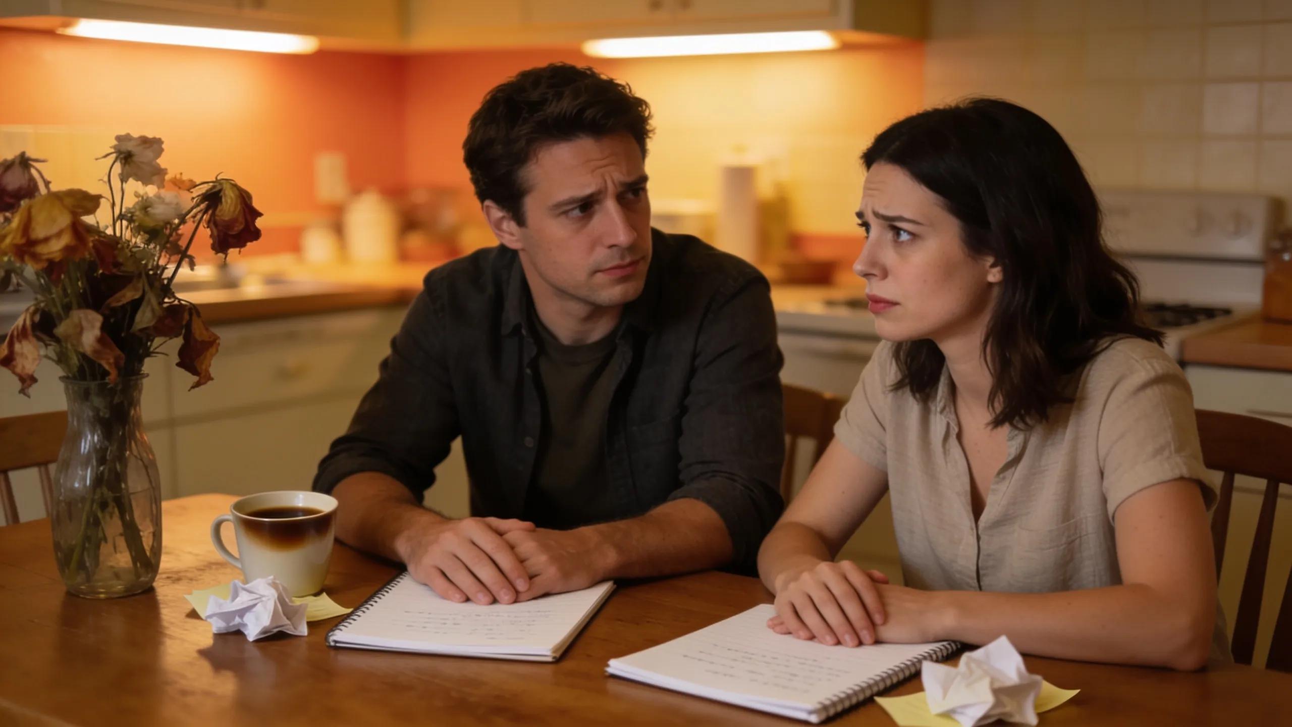 Couple discussing relationship challenges at a dining table
