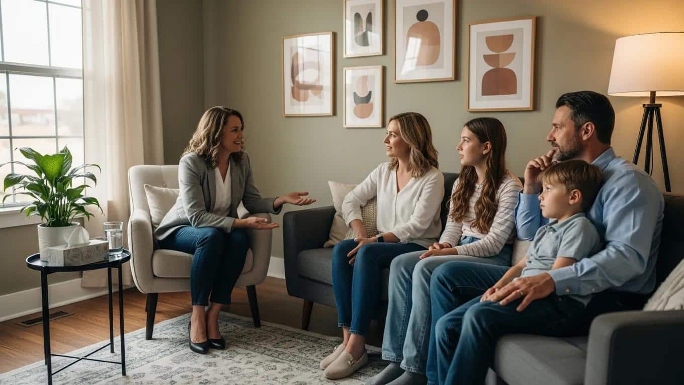 Family therapy session with a therapist facilitating discussion among family members