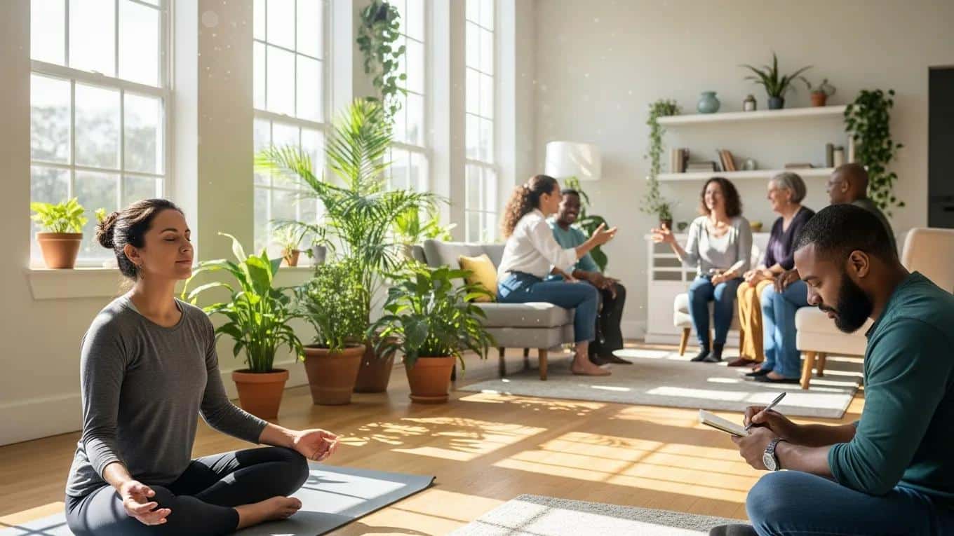 Group of individuals practicing healthy coping strategies in a supportive environment, highlighting the benefits of emotional regulation