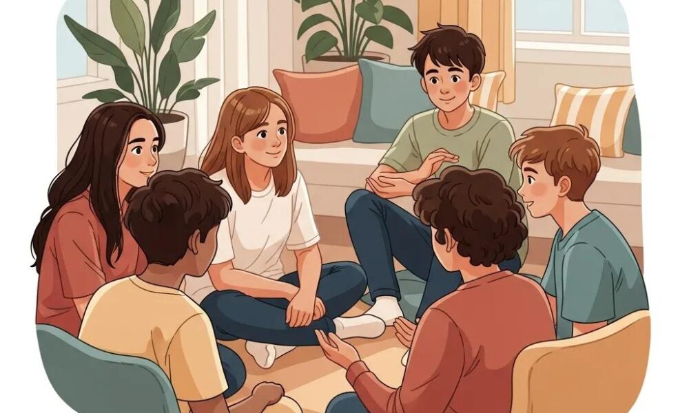 Group of teenagers discussing coping strategies for stress in a supportive environment