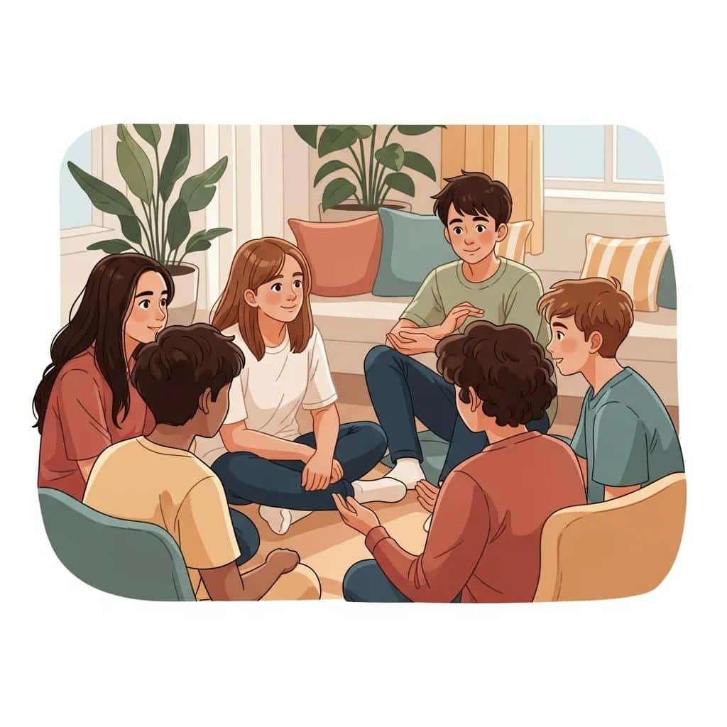 Group of teenagers discussing coping strategies for stress in a supportive environment