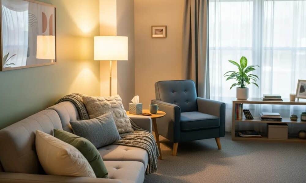 Inviting therapy office with comfortable seating and calming decor for mental health support