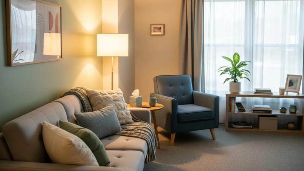 Inviting therapy office with comfortable seating and calming decor for mental health support