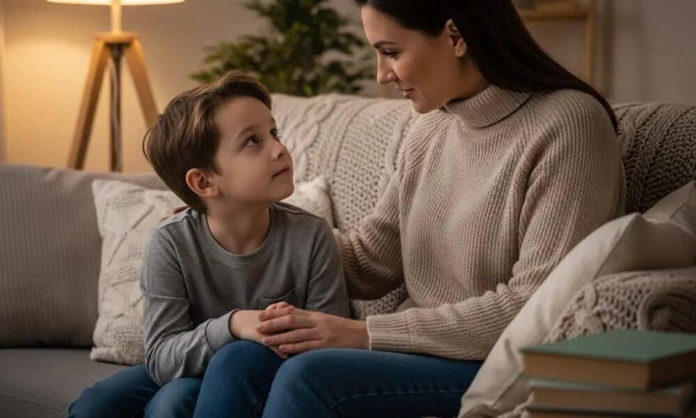 Parent and child sharing an intimate conversation in a cozy living room, symbolizing emotional connection and support