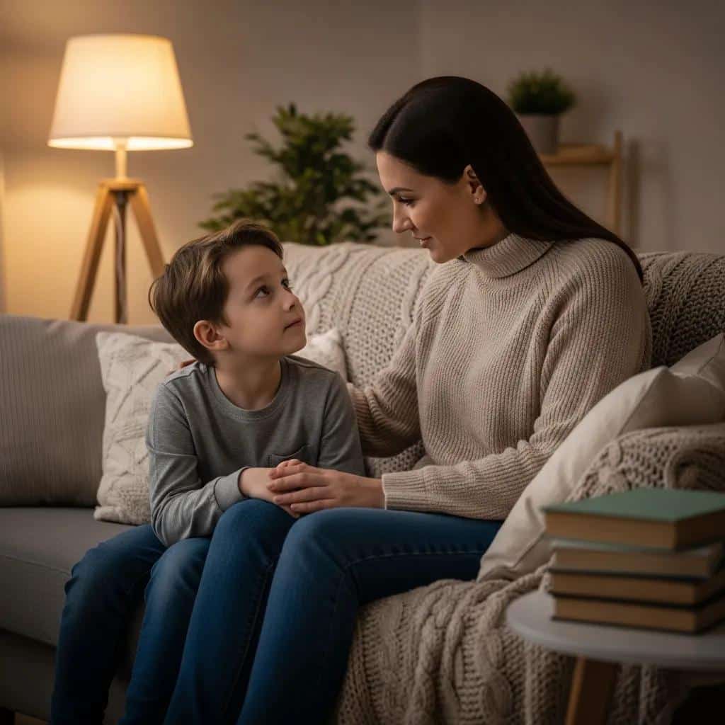 Parent and child sharing an intimate conversation in a cozy living room, symbolizing emotional connection and support