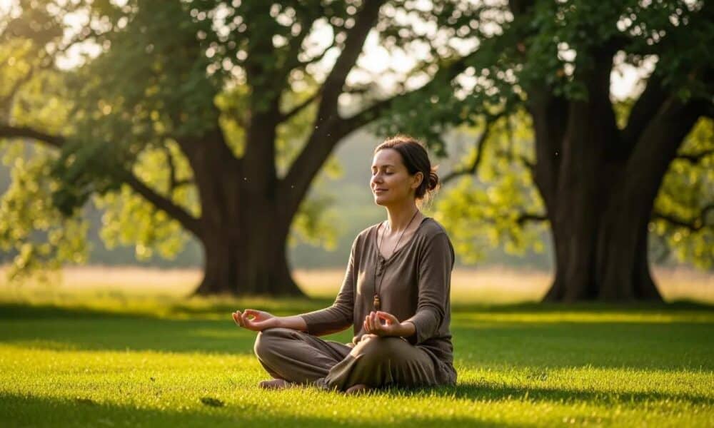 Person practicing mindfulness outdoors, representing healthy coping strategies and emotional self-regulation