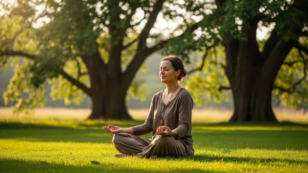 Person practicing mindfulness outdoors, representing healthy coping strategies and emotional self-regulation