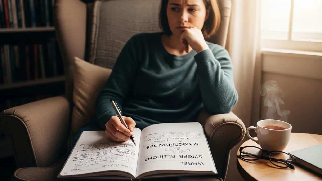 Person reflecting on key questions to ask a therapist in a cozy setting