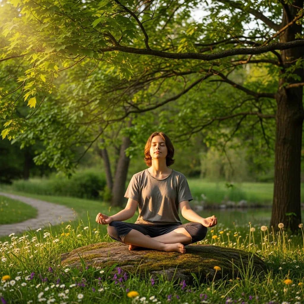 Teen practicing mindfulness meditation in a serene outdoor setting