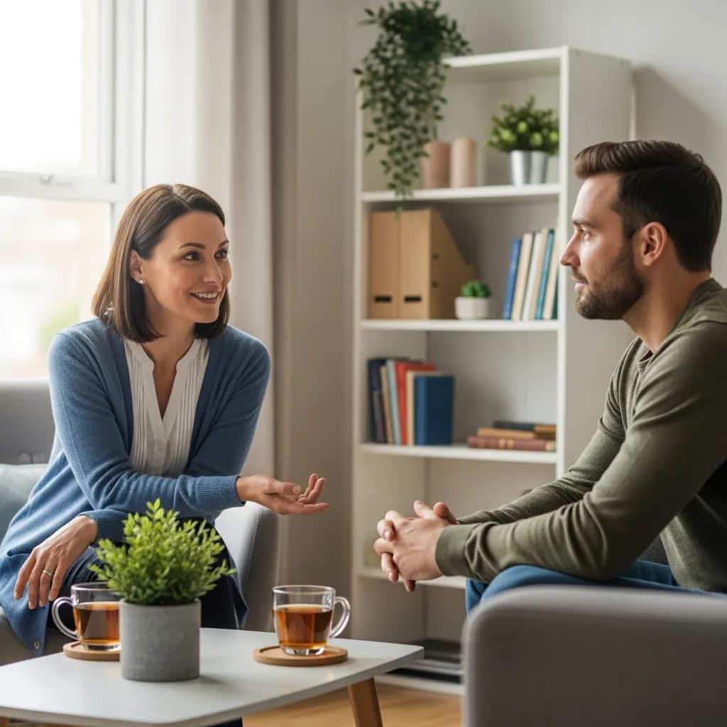 Therapist and client in a warm conversation during an initial consultation, emphasizing trust and understanding