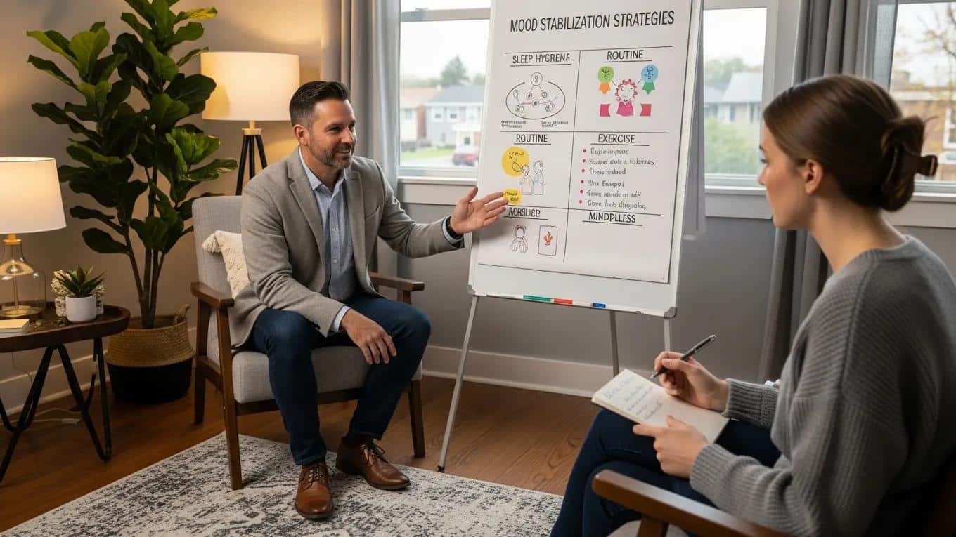 Therapist and patient discussing mood stabilization strategies in a supportive counseling environment