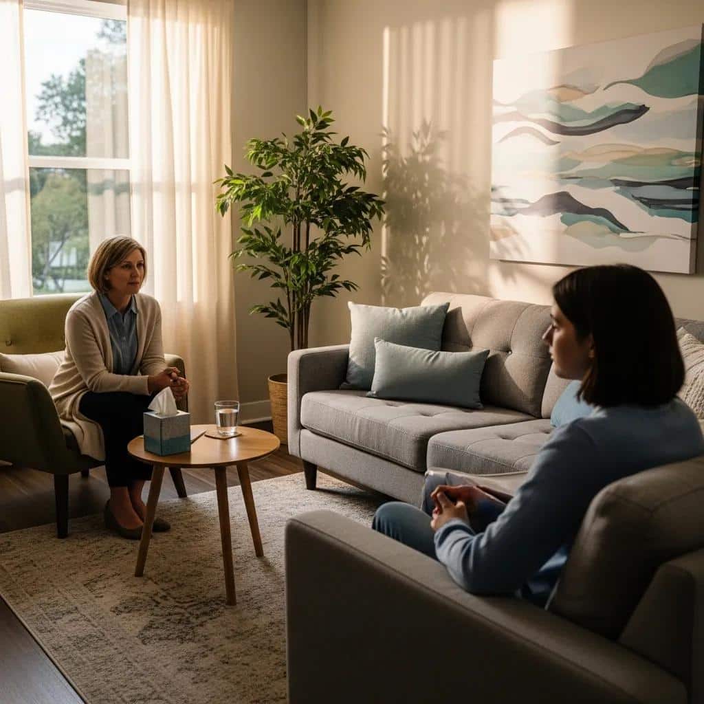 Therapist and teen discussing coping strategies in a calming therapy room