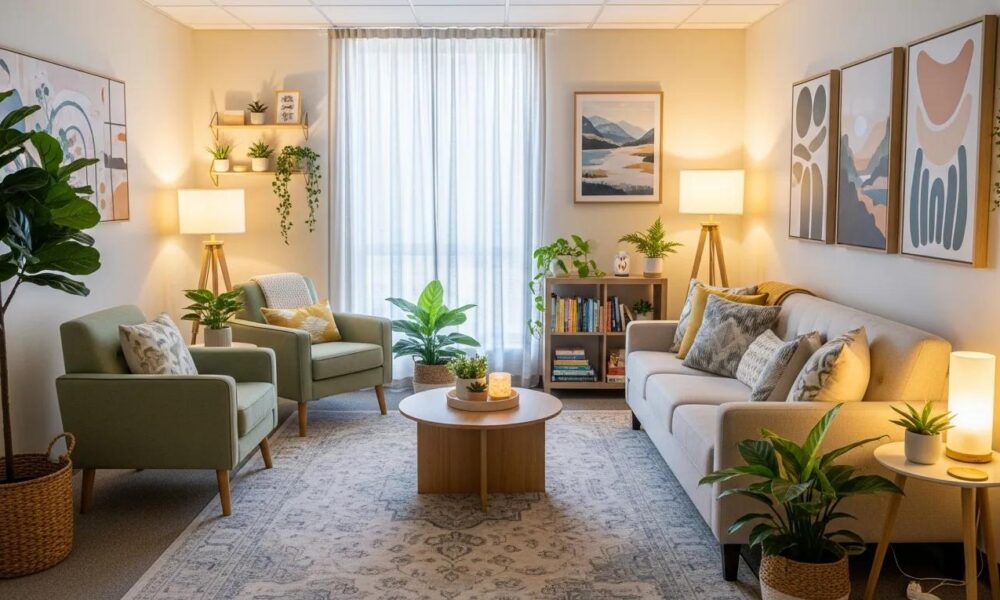 Therapy room designed for bipolar disorder counseling, featuring comfortable seating and calming decor