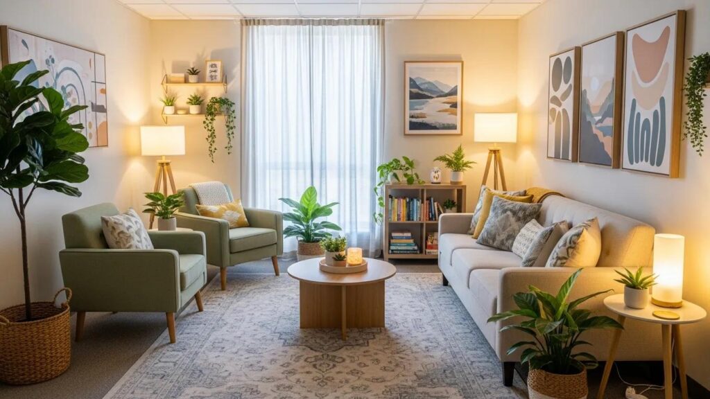 Therapy room designed for bipolar disorder counseling, featuring comfortable seating and calming decor