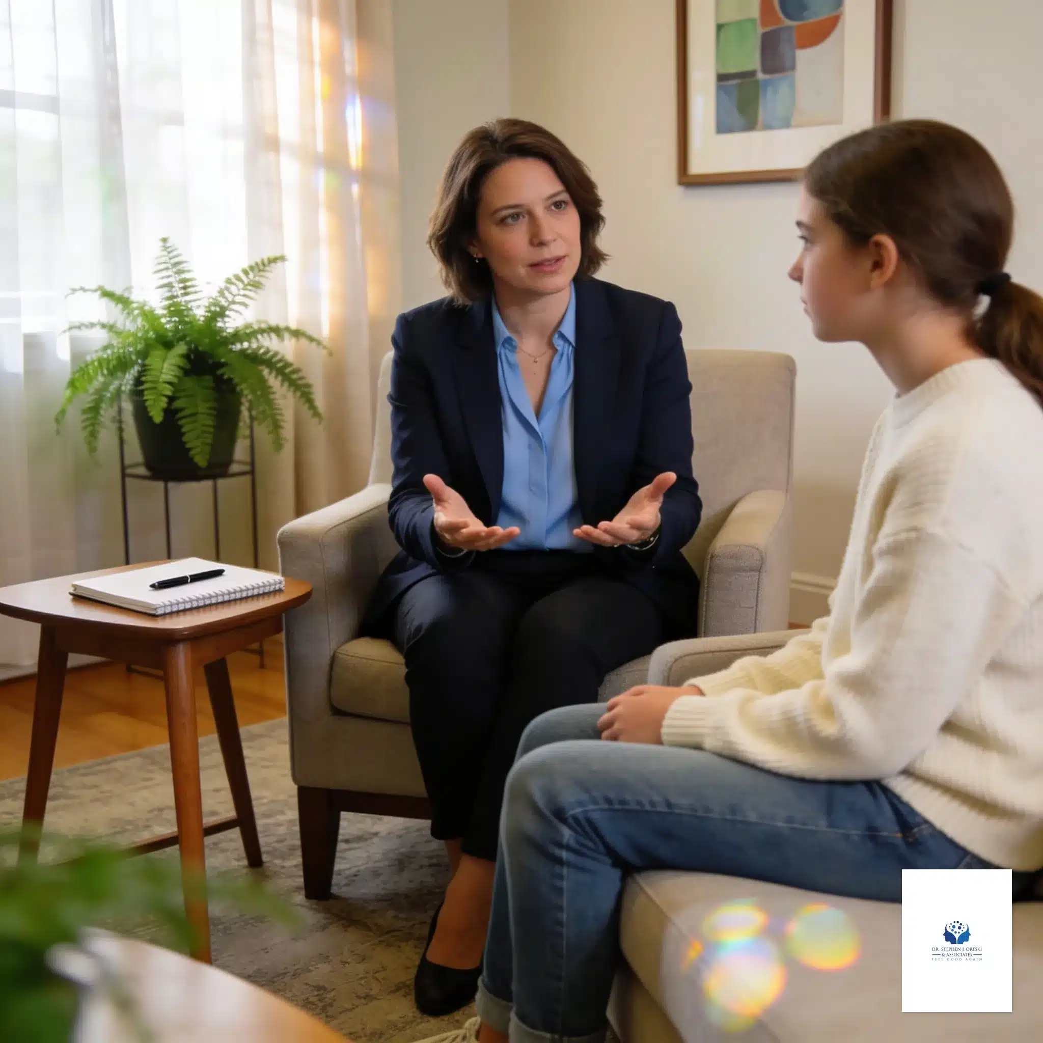 Teen and therapist in a supportive Bergen County counseling session