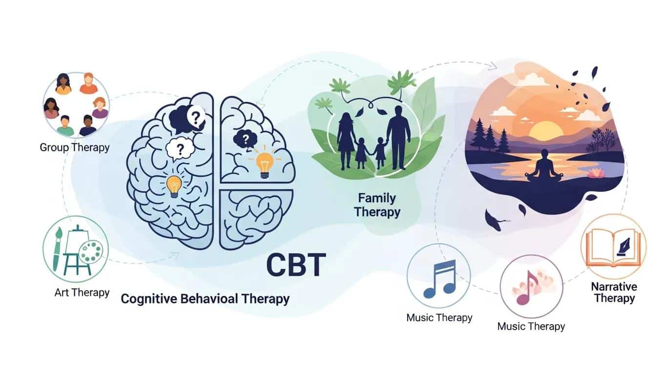 Visual representation of different therapy types including CBT, DBT, and family therapy