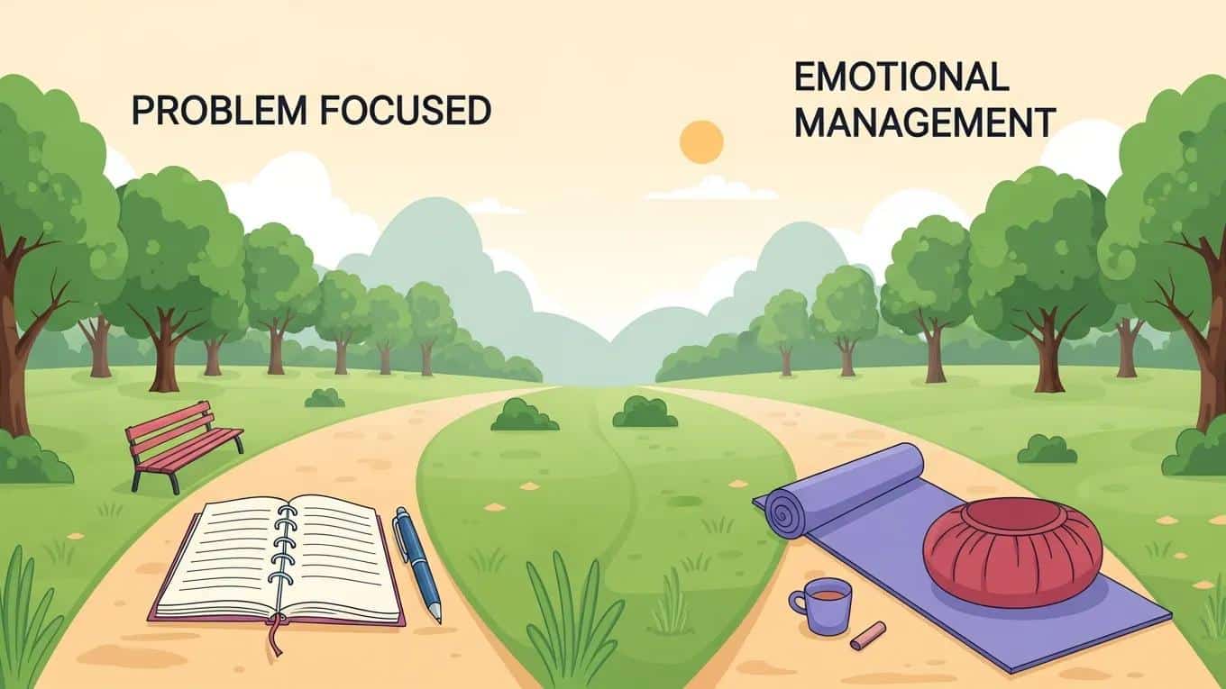 Visual representation of problem-focused and emotion-focused coping strategies in a peaceful park