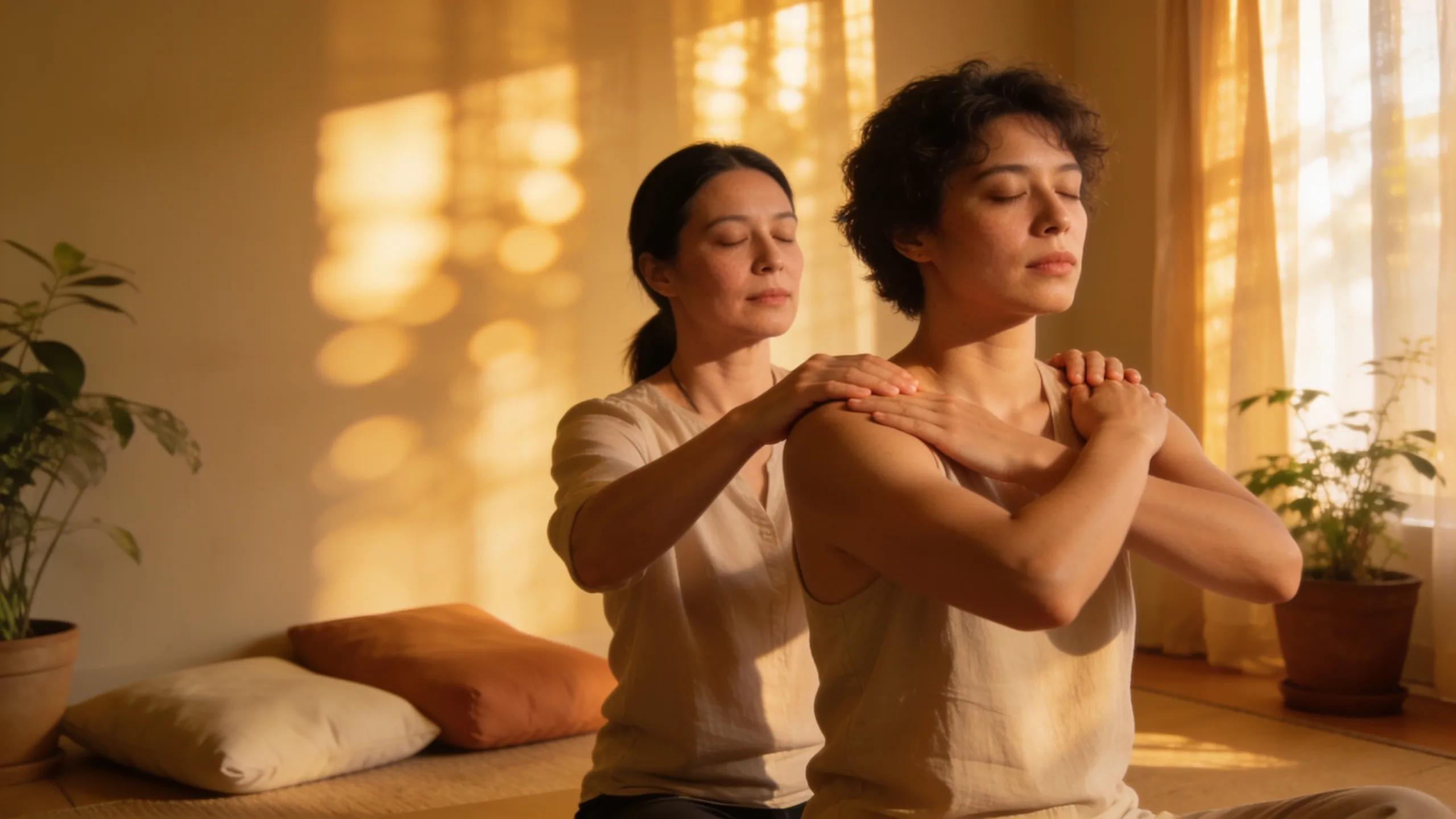 Therapist and client practicing somatic therapy techniques in a serene environment