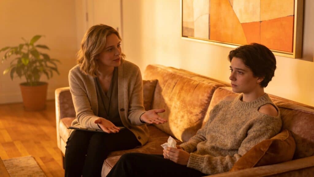 Therapist and client in a warm therapy session, illustrating effective trauma support
