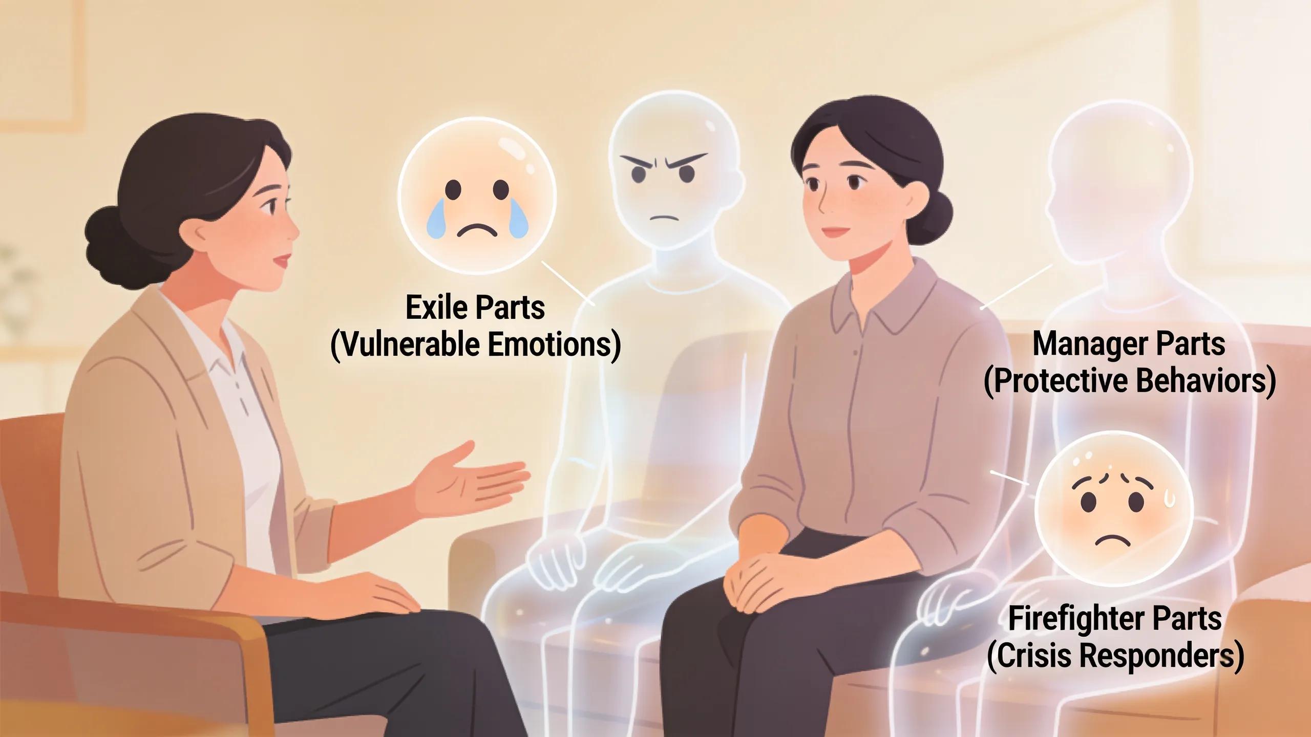Therapist facilitating Internal Family Systems therapy, illustrating emotional recovery and parts work dynamics